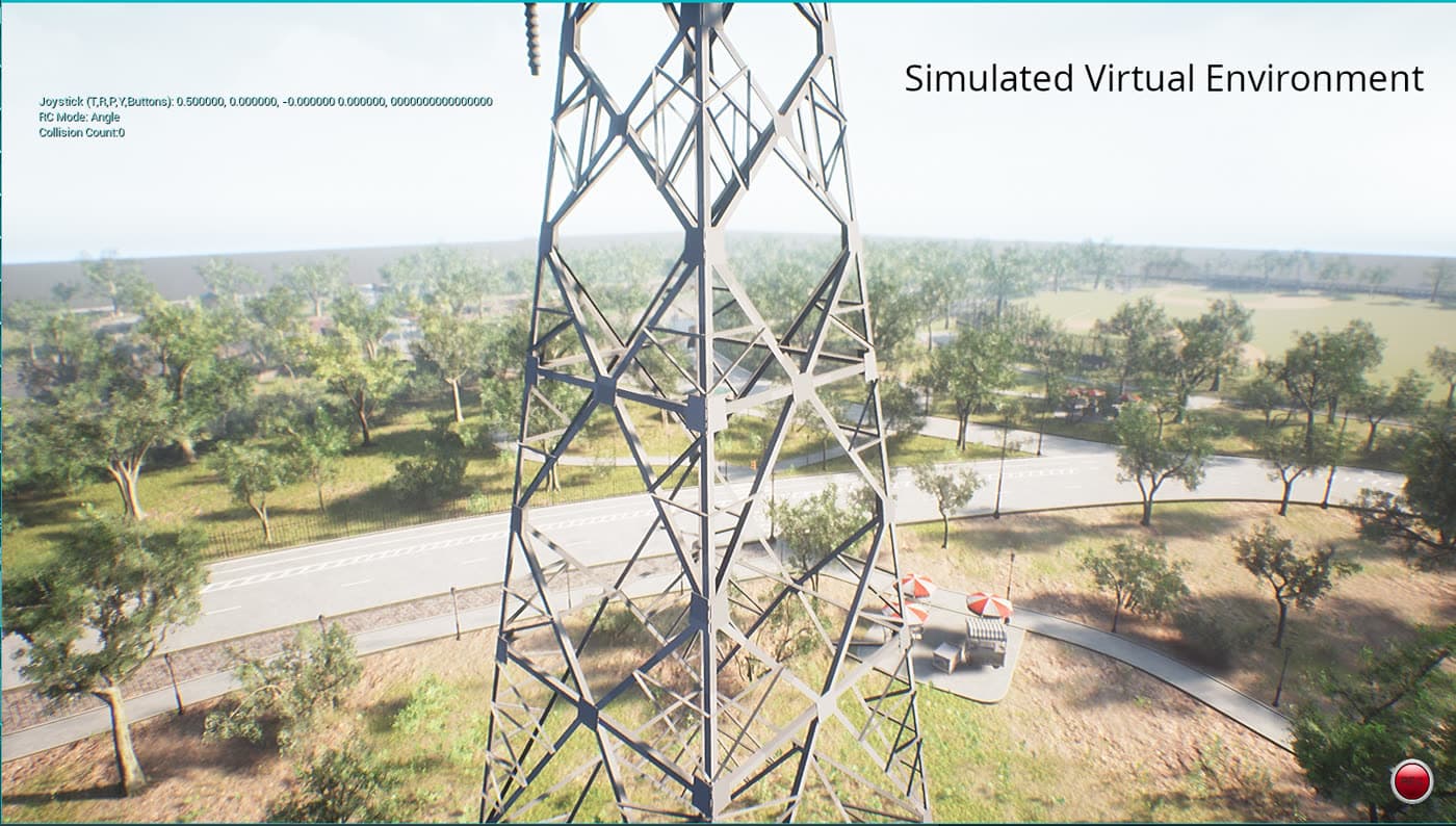 Transmission tower seen from a drone in a simulated Unreal Engine 4 environment
