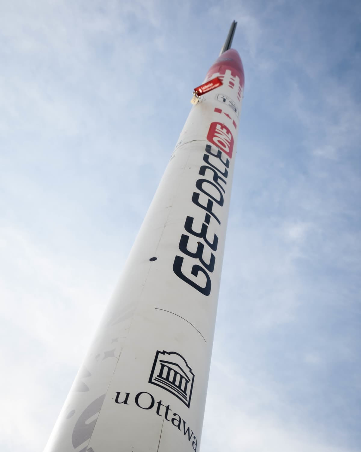 Gee-Force One standing on the launch rail against a blue sky