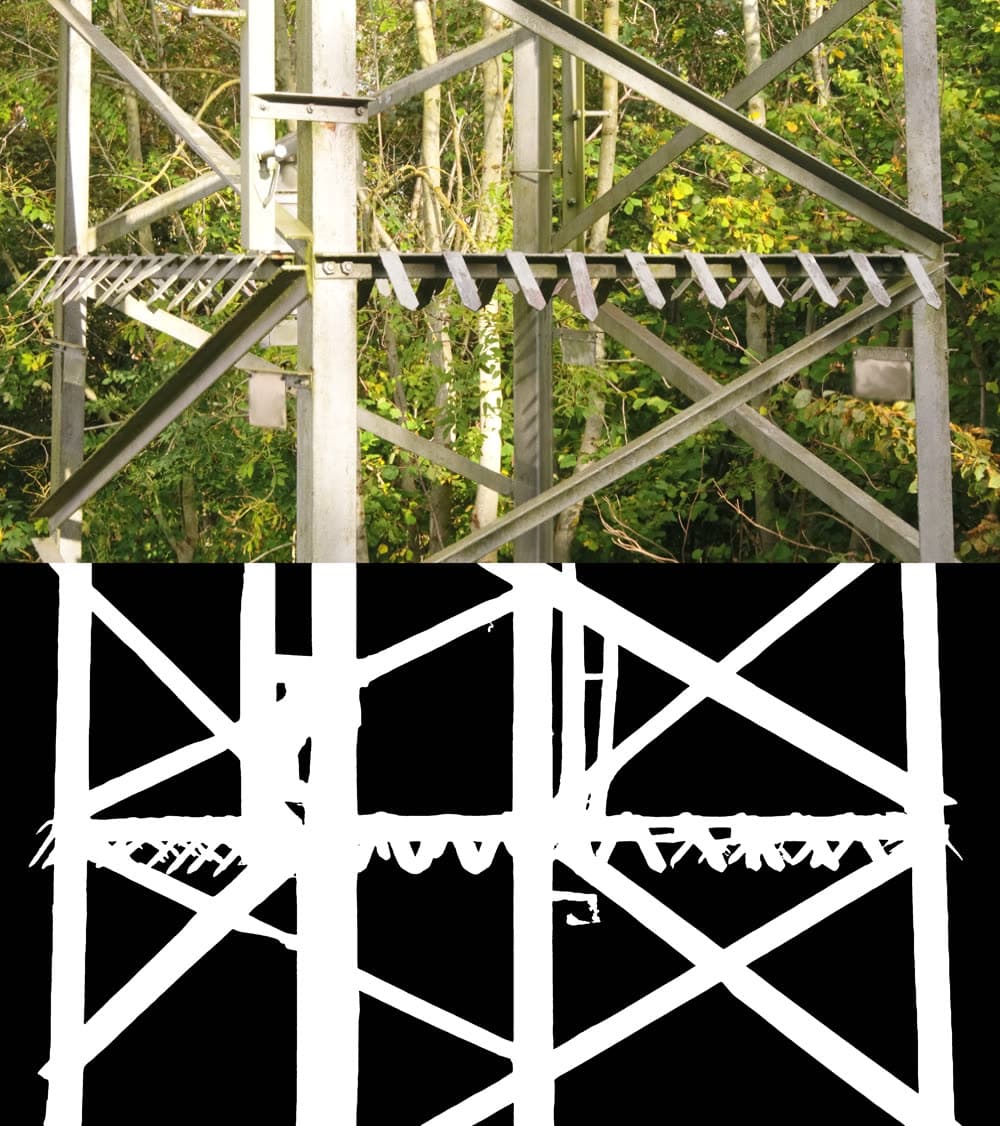 Drone photo of a transmission tower above the AI-generated segmentation mask