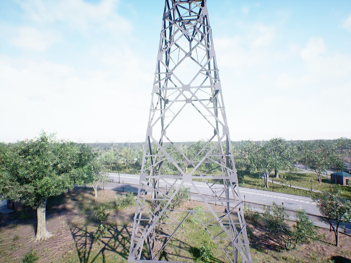 Digital-twin transmission tower seen from higher altitude in Unreal Engine 4