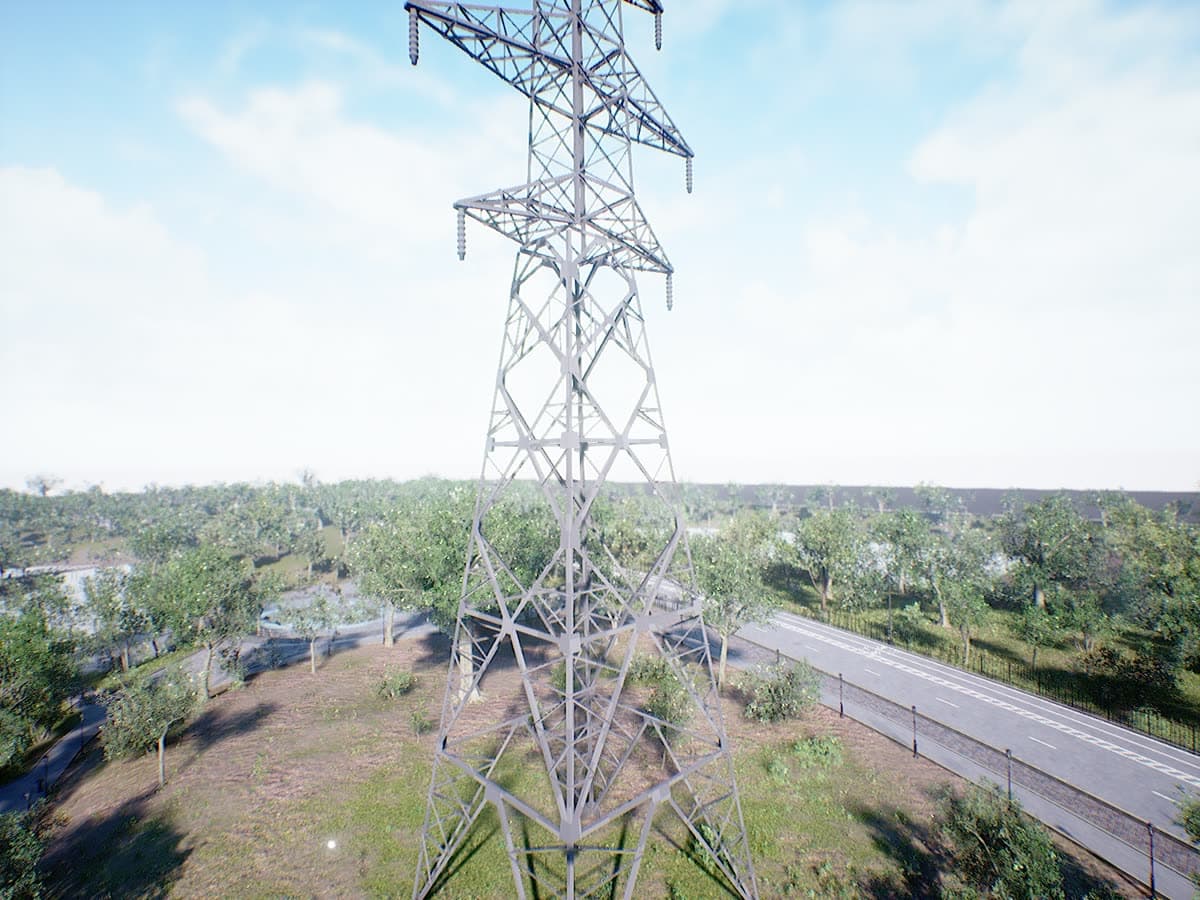 Digital-twin transmission tower near ground level in Unreal Engine 4